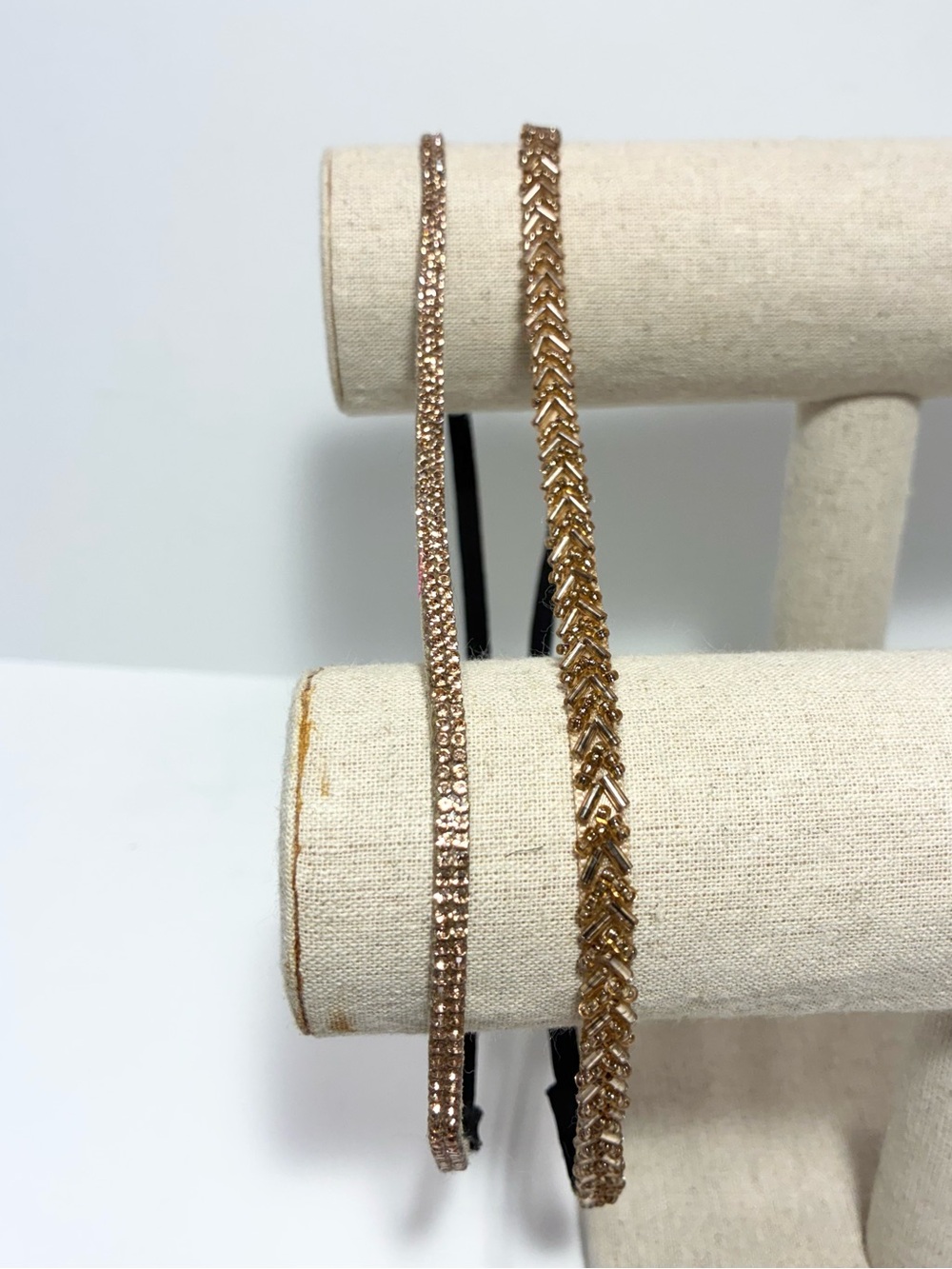2 Pc Crystal Genuine Leather & Beaded Ribbon Headband Set Champagne Tone